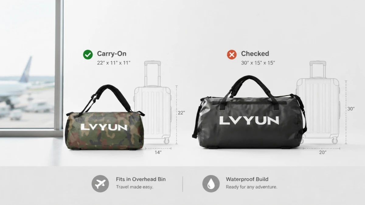 Carry-on vs checked waterproof duffel bag size comparison for air travel