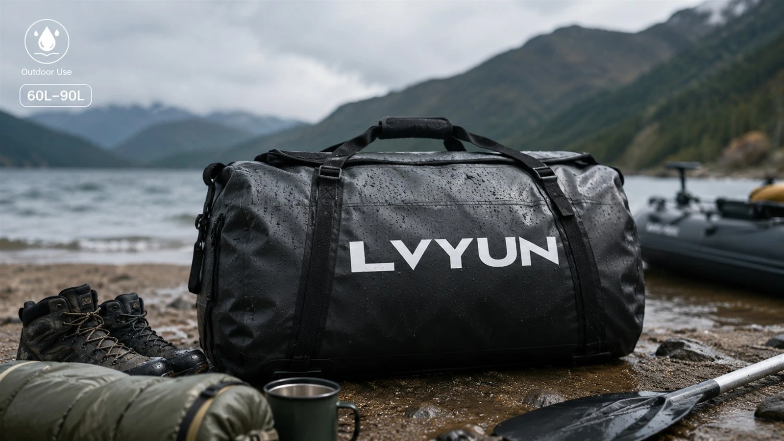 Large waterproof duffel bag for camping boating and outdoor gear storage in wet conditions